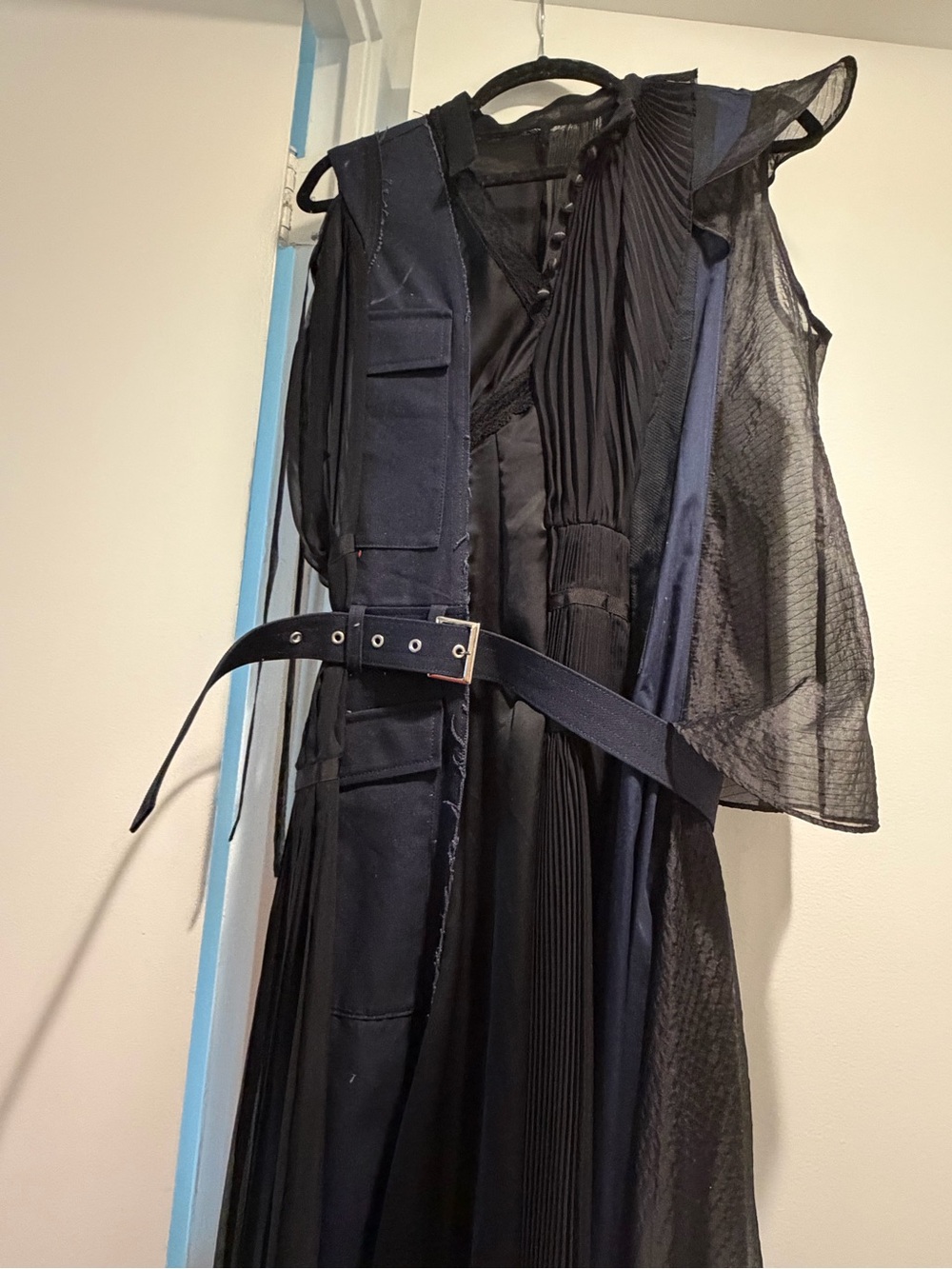 Sacai black and navy asymmetric pleated layered belted dress